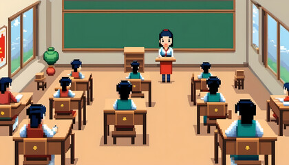 Pixel Art Classroom Scene with Teacher and Students