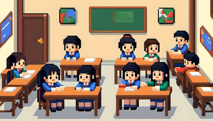 Pixel Art Classroom Scene with Teacher and Students