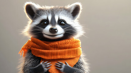 Fototapeta premium Cute 3d happy baby racoon smiling, wearing an orange scarf, isolated on gray background.