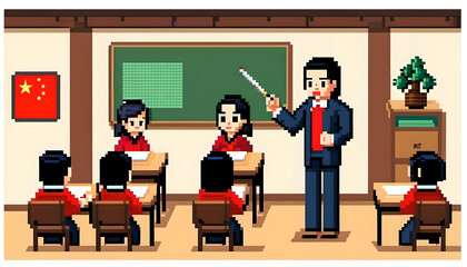 Pixel Art Classroom Scene with Teacher and Students