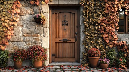 Rustic Autumn Cottage Entryway, House with a Wooden Door Surrounded by Autumn Ivy-Covered Stone Walls and Flower Pots