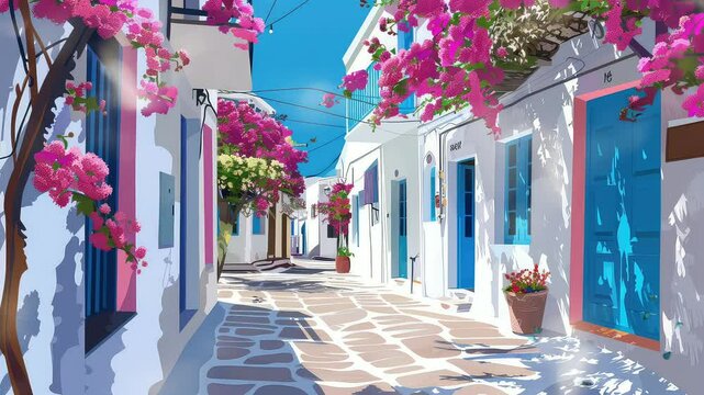 Animation Vibrant Floral Alley in Mediterranean Village generated with ai