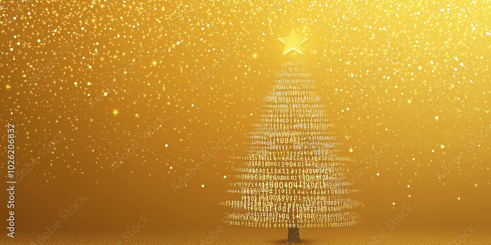 Poster christmas tree design in binary code style for it professionals on golden background .banner, space 
