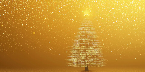 Christmas tree design in binary code style for IT professionals on golden background .Banner,  space for text