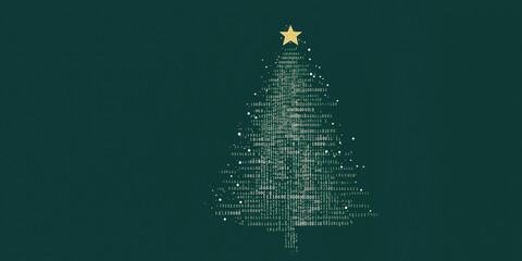 Minimalistic digital Christmas tree design with binary code for IT professionals and programmers for greeting card. Green background . Space for text. Banner