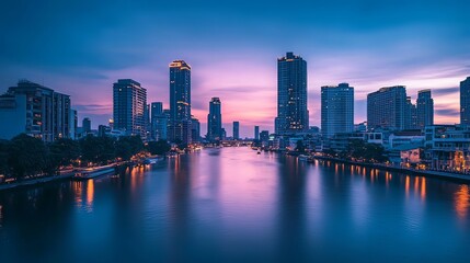 Obraz premium City street at night, illuminated by streetlights and car headlights. 