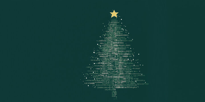Minimalistic digital Christmas tree design with binary code for IT professionals and programmers for greeting card. Green background . Space for text. Banner