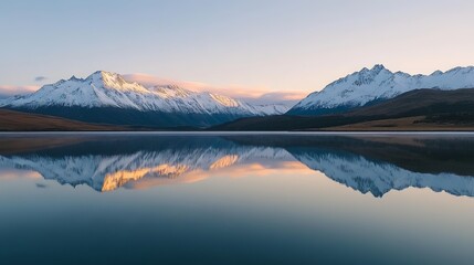 Snow-capped mountains reflected in a crystal-clear lake at sunrise. 