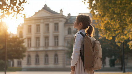 Fototapeta premium A profile shot of a young elementary school girl with a school bag on her back, gazing up at the school building, capturing her sense of wonder and anticipation. photo