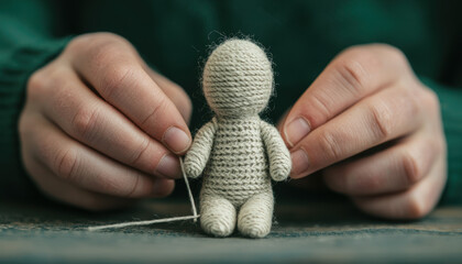 Hands crafting a small crochet doll with yarn and needle.