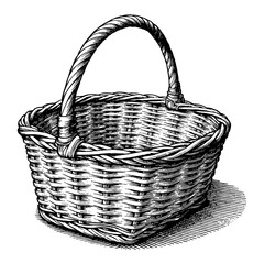 Obraz premium Empty Wicker Basket in Detailed Black and White Outline Line Art Drawing with Handle