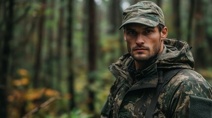Obraz premium A man in camouflage gear stands in a forest