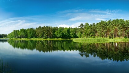 Fototapeta premium summer bright lush green landscape panoramic widescreen view of the coastal forest with reflection on the calm water surface of a large lake