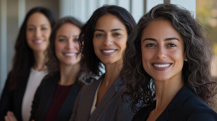 Several businesswomen of different ages, smiling and enthusiastically collaborating in a team, with close-up shots capturing their vibrant spirit and teamwork for the camera. photo
