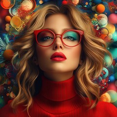 Fototapeta premium A creative portrait of a stylish woman with bold glasses and vivid background patterns
