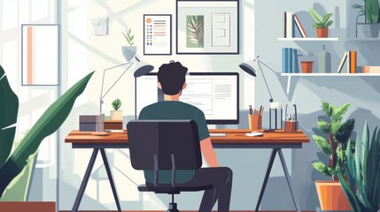 Graphic designer at computer, creative studio, bright lighting, spacious composition