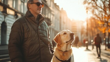 Man with visual impairment using guide dog, city street, bright day, minimal background