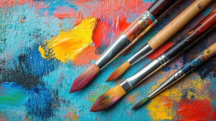Fototapeta premium A striking abstract background filled with vibrant splashes of color and various art tools, perfect for promoting creativity in an artistic environment.