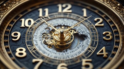 Close-up of an ornate clock with golden gears and intricate hands symbolizing precision, timekeeping, and mechanical craftsmanship