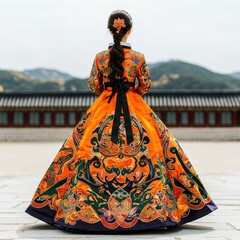 Obraz premium A woman in an ornate orange dress stands gracefully, showcasing intricate patterns against a serene landscape with mountains in the background.