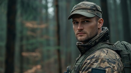 Obraz premium A man in a camouflage jacket and hat is standing in a forest