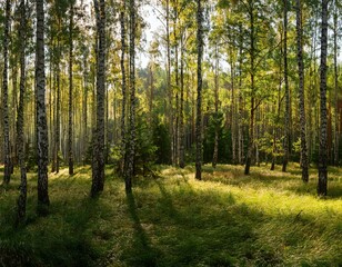 Obraz premium wide panoramic view of a mixed birch spruce forest with grass in the foreground and lateral sunlight in warm september weather