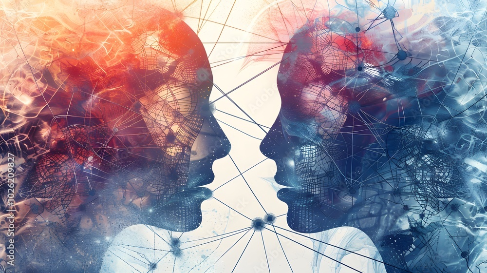 Poster a sophisticated image of interconnected faces with visible emotional expressions and understanding, 