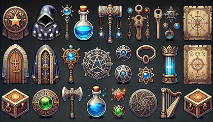 Collection of Magical Artifacts and Enchanted Items with Potion Bottles