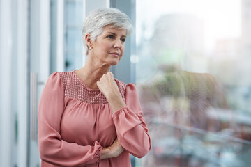 Window, thinking and mature business woman with view, professional insight or creative inspiration. Reflection, planning and manager with vision, idea and decision for startup opportunity in office