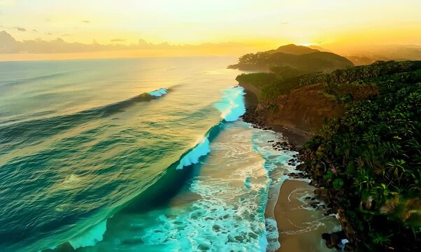 Golden Sunset Over Teahupoo Coral Reef in Tahiti