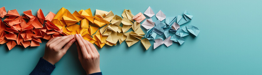 Hands creating paper origami on a colorful background.