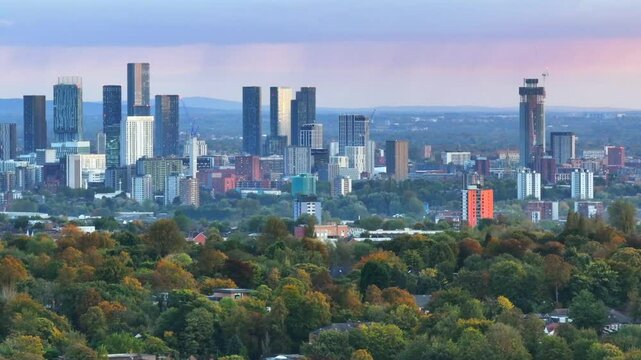 Manchester city skyline and surrounding residential areas from the vantage point of Heaton Park.