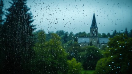 A tranquil shot of a window covered in raindrops, with a blurred scene of a church and lush trees in the background, emphasizing the soothing nature of rain.