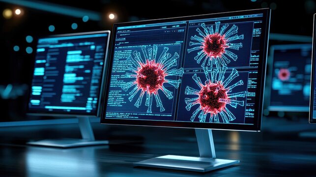 High-tech monitors displaying digital virus models and data analysis for scientific research. - Powered by Adobe