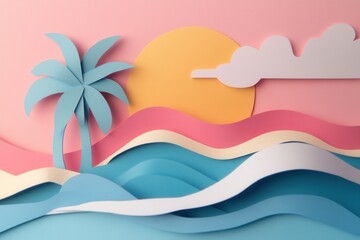 Papercraft Tropical Beach Sunset with Palm Trees