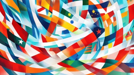 A vibrant and abstract illustration of global trade with intertwined flags of different countries, embodying the spirit of international commerce and cooperation.