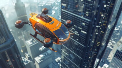 Futuristic Flying Taxi Above Urban Skyscrapers