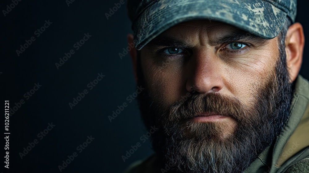 Poster a man with a beard and a hat is staring at the camera