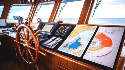 Captain's view from the helm with navigation charts, steering wheel, and ocean in the background. © weerasak