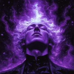 A mystical figure surrounded by vibrant purple energy against the cosmic backdrop