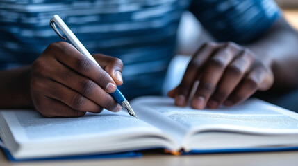 Focused hands holding a pen studying from an open book