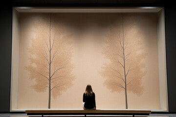 A person admires a large artistic mural of trees in a contemporary gallery setting