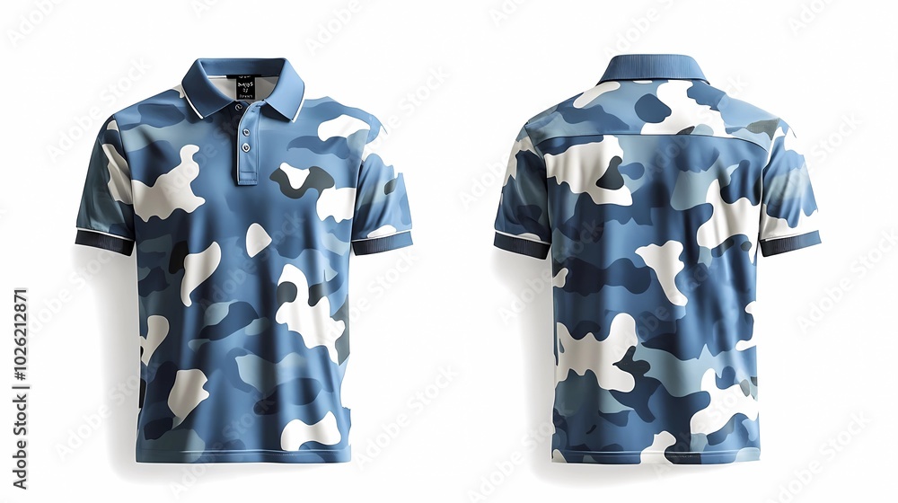 Wall mural blue Camouflage army polo shirt, short sleeve mockup with front and back views isolated clean white background