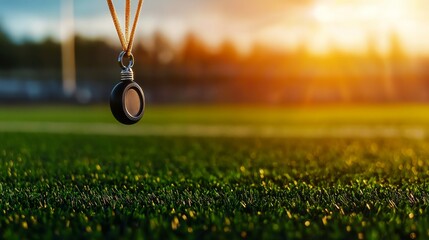 Close-up of a stopwatch hanging on a coach's whistle against a sunset backdrop, symbolizing sports timing.