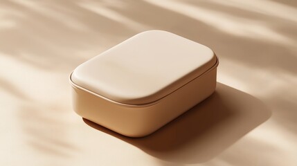 Minimalist Beige Rectangular Container with Rounded Edges on Smooth Surface, Matte Finish and Warm Diffused Lighting, Harmonious Beige Background