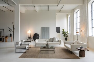 Design a modern living room with a minimalist loft aesthetic.