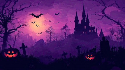 Halloween Night: Glowing Pumpkin with Old Castle and Cemetery