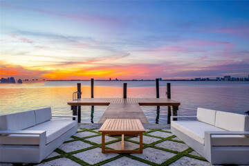 Beautiful sunset from a small pier that overlooks a large body of water that reflects the setting sun.. Outdoor furniture is next to the dock.