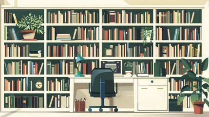 Flat 2d retro image 1970's white bookcase across whole wall armchair plants, illustration style