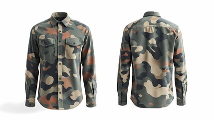 Naklejka premium dynamic green Camouflage army uniform shirt, long sleeve mockup with front and back views isolated clean white background